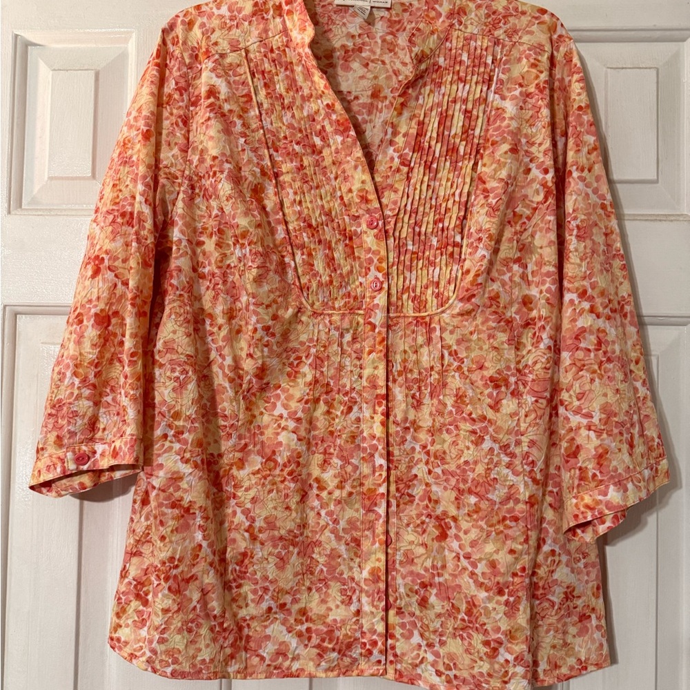 JM Collection Floral Blouse - Coral and Yellow